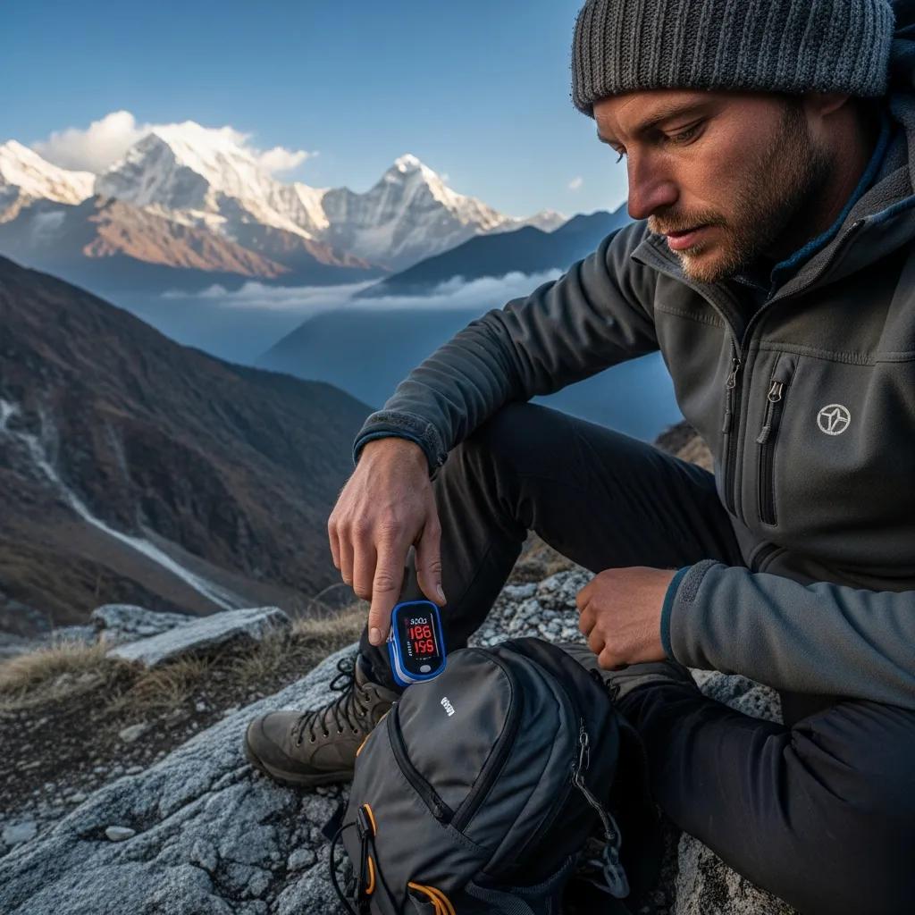 Hiker monitoring health at Annapurna I, emphasizing acclimatization practices