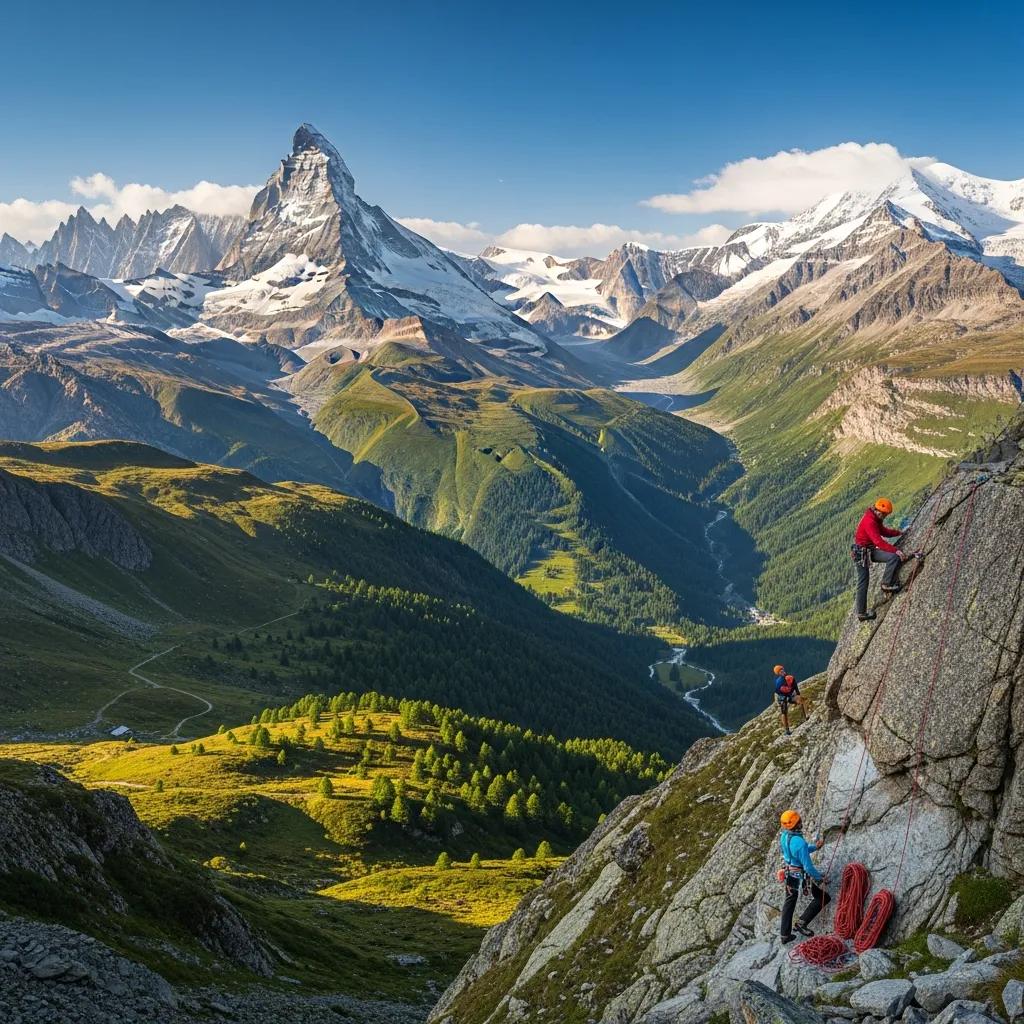 Panoramic view of the Alps with climbers scaling a rocky face, featuring iconic peaks like the Matterhorn, amidst lush valleys and rugged terrain.