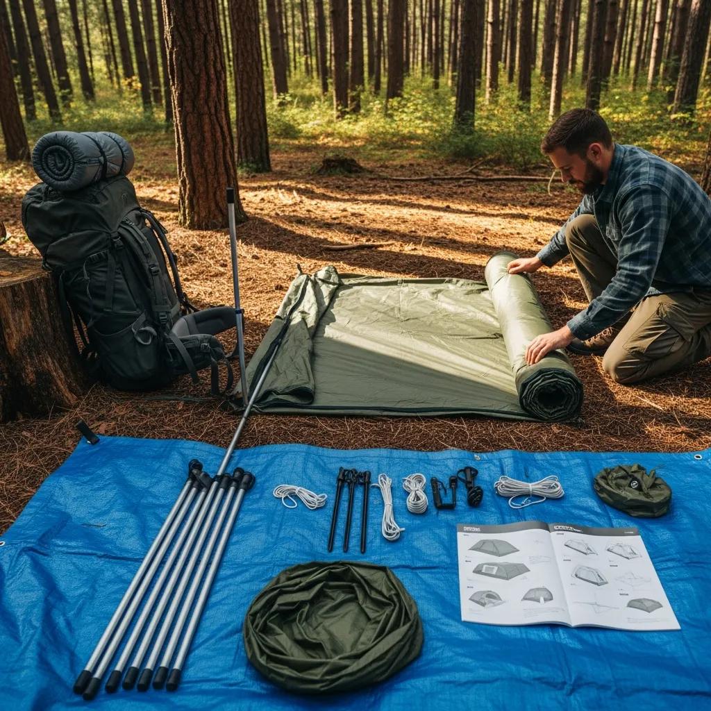 Person setting up a base camp tent in a forest, demonstrating proper setup techniques
