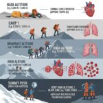 Stages of acclimatization for climbers at high altitudes, showing physiological adaptations