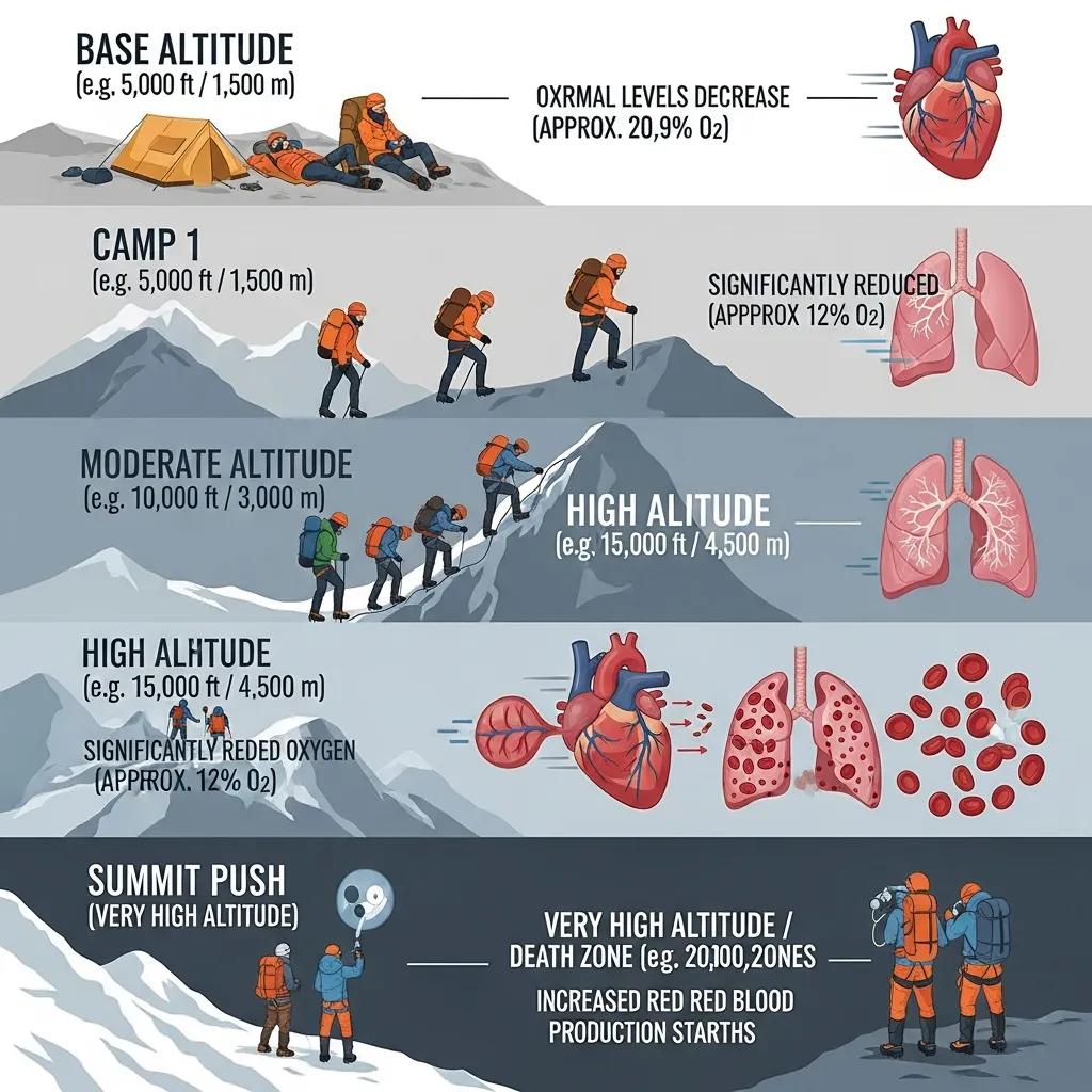 Infographic illustrating stages of acclimatization for climbers at high altitudes, depicting physiological adaptations such as oxygen levels, heart function, and lung capacity at various altitudes, relevant to breathing techniques for high-altitude climbing.