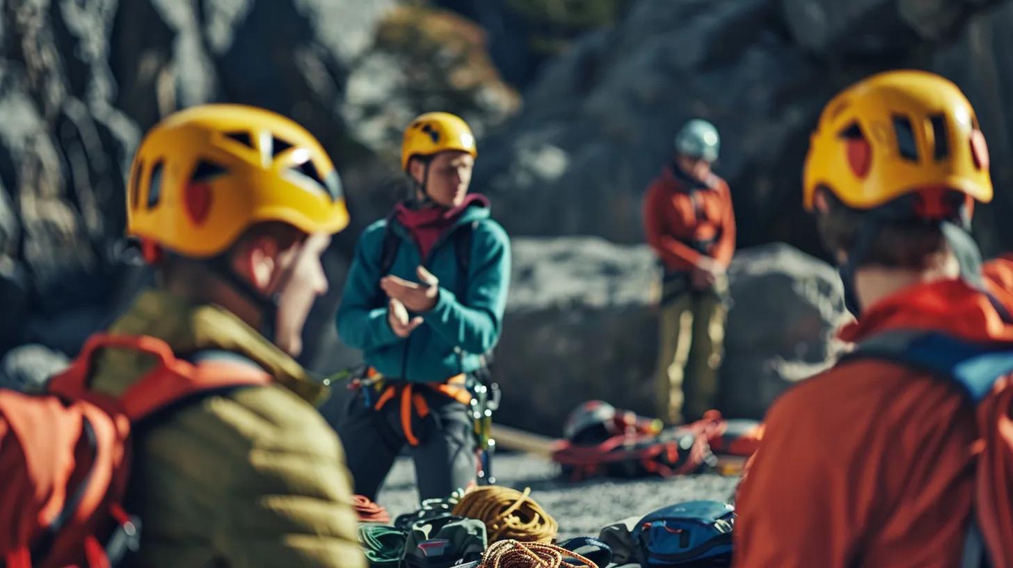 Climbers engaged in safety training, practicing emergency preparedness techniques with climbing gear