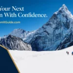 Snow-capped mountain range with mountaineers ascending a snowy slope. Global Summit Guide logo.