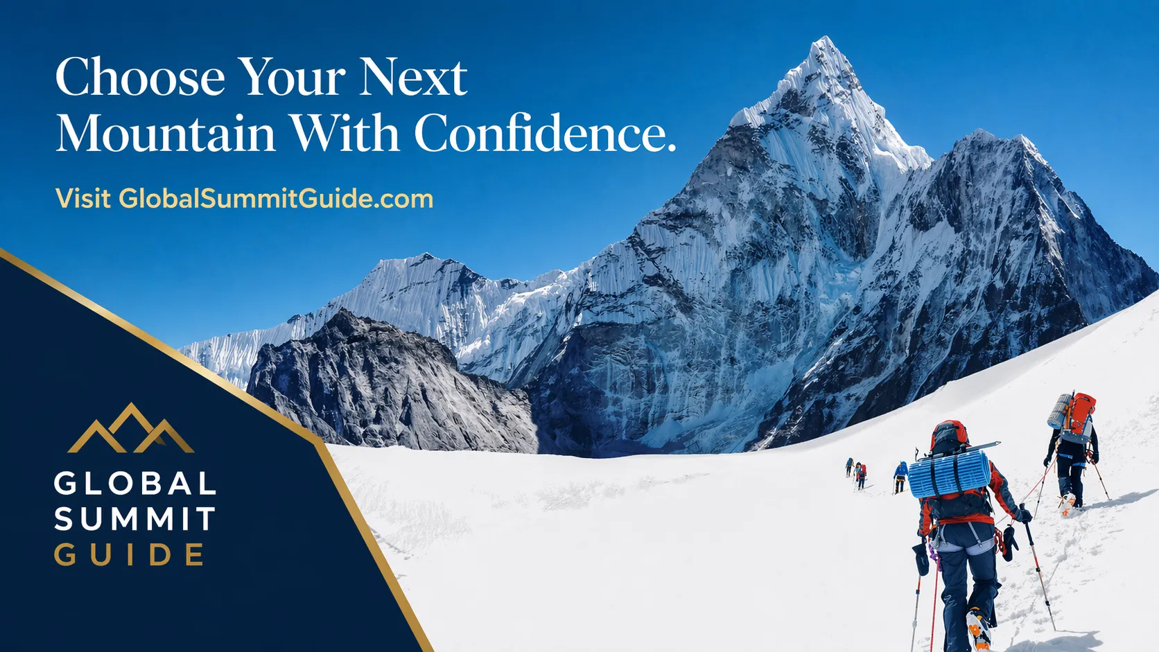 Snow-capped mountain range with mountaineers ascending a snowy slope. Global Summit Guide logo.