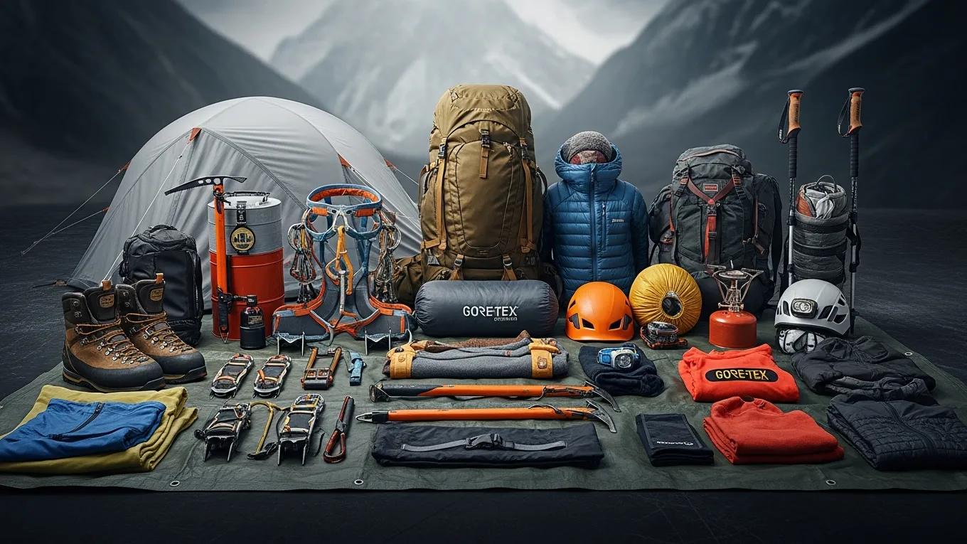 Trekking gear setup for Himalaya preparation, emphasizing readiness and adventure
