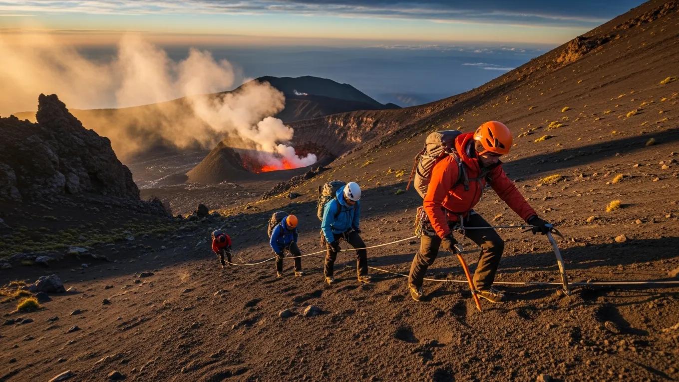 Climbers ascending a volcano, showcasing the adventure and beauty of volcano climbing