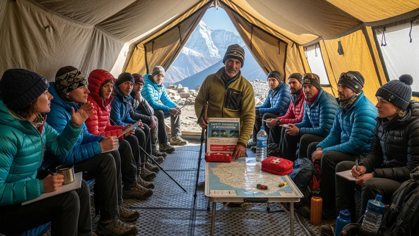 Trekkers in a safety briefing, emphasizing safety protocols and acclimatization in the Himalayas