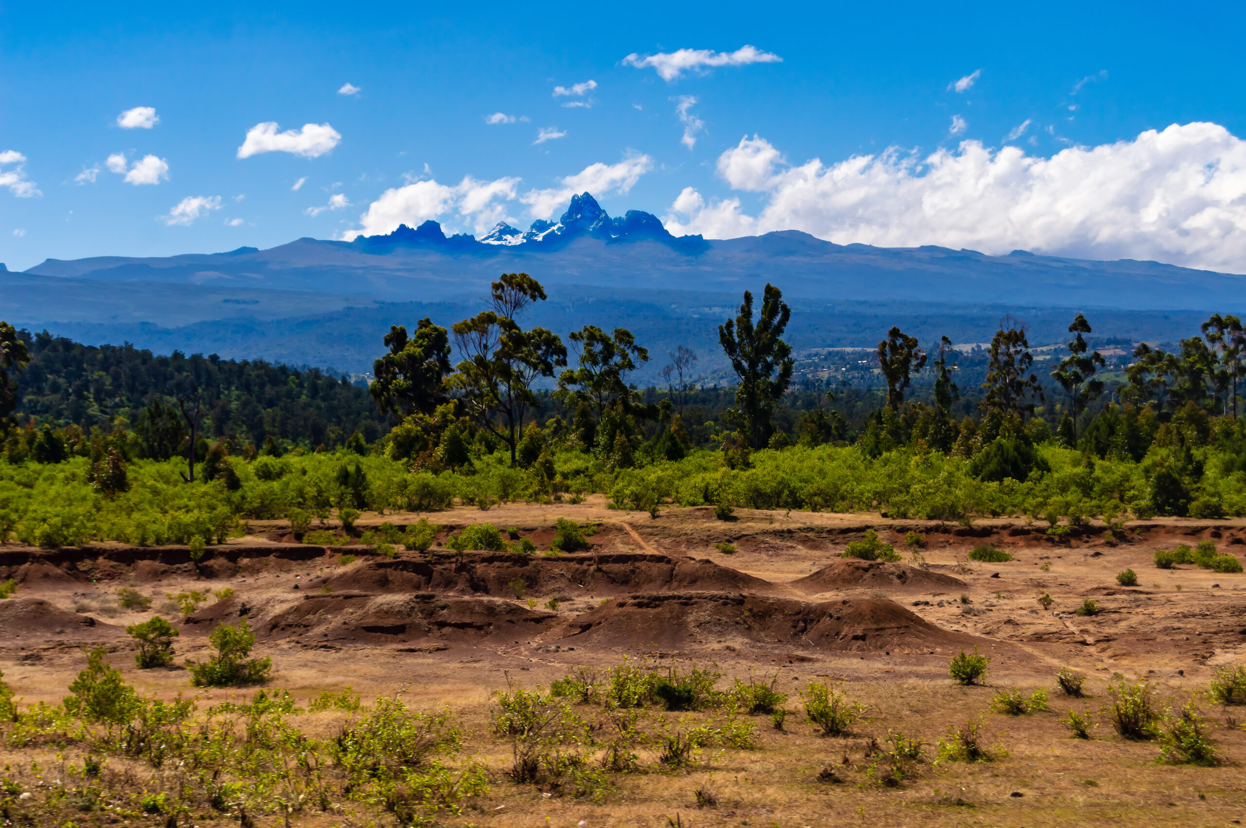 Mount Kenya, an extinct volcano and the second-highest peak in Africa, with its jagged rock summits