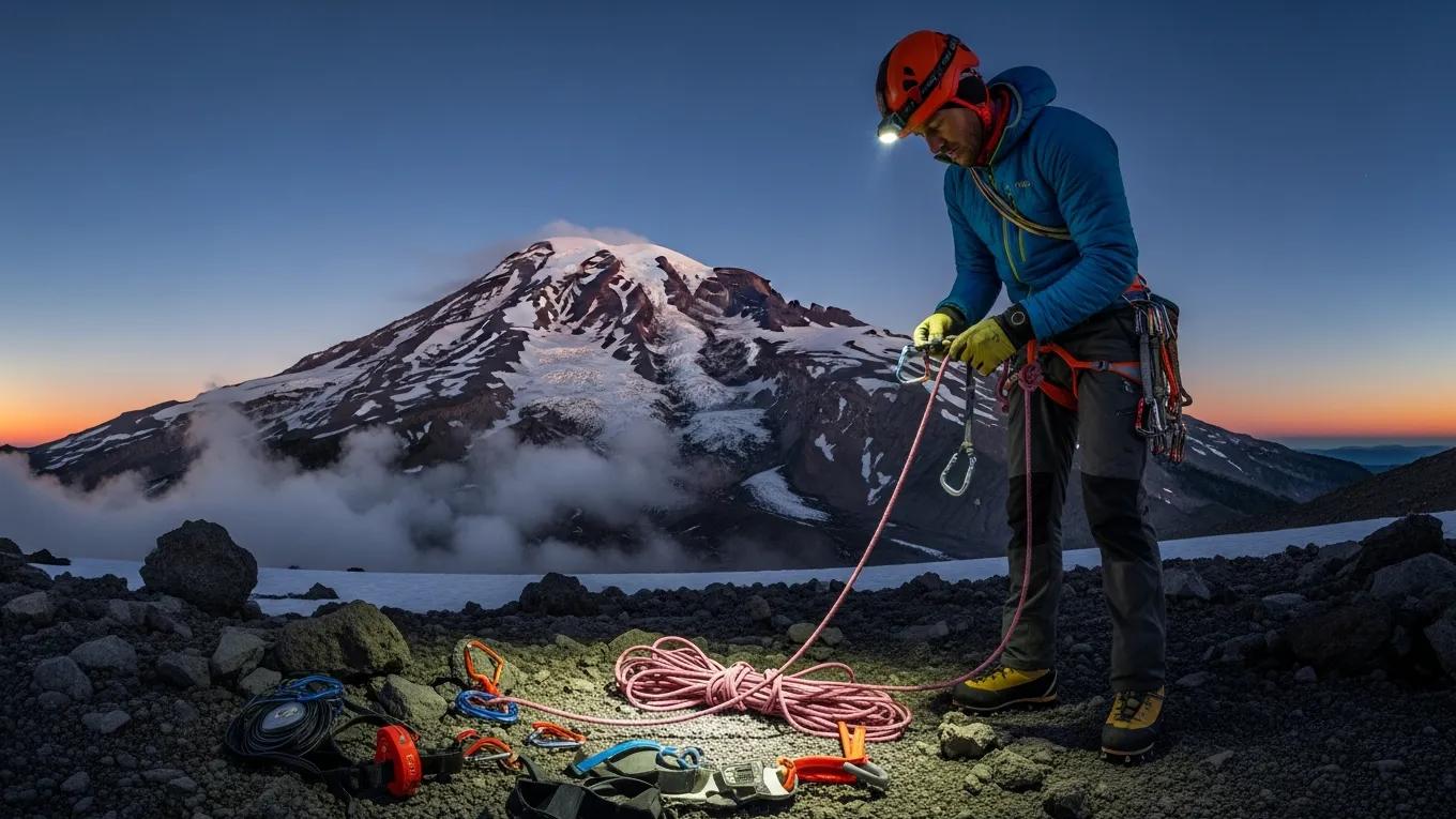 Climber checking safety gear before ascending a volcano, emphasizing safety in climbing
