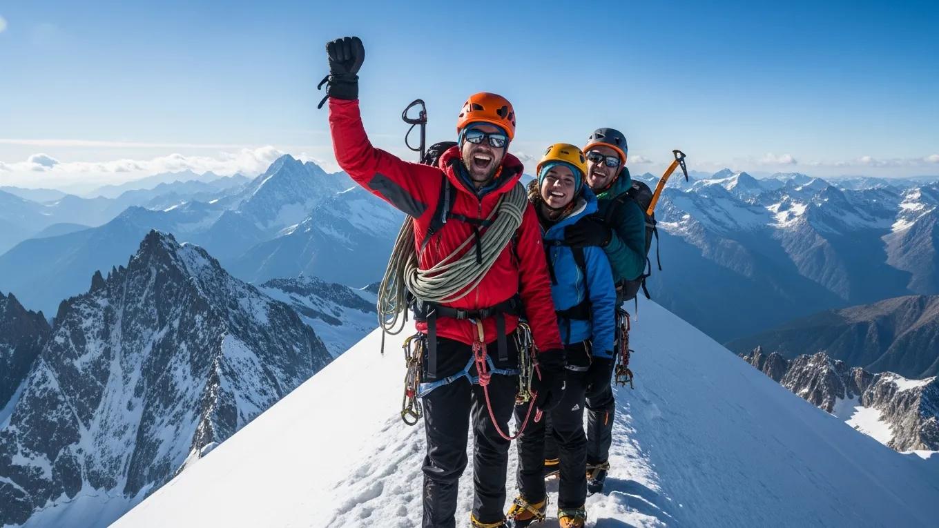 Climbers celebrating their success at a mountain summit under optimal weather conditions