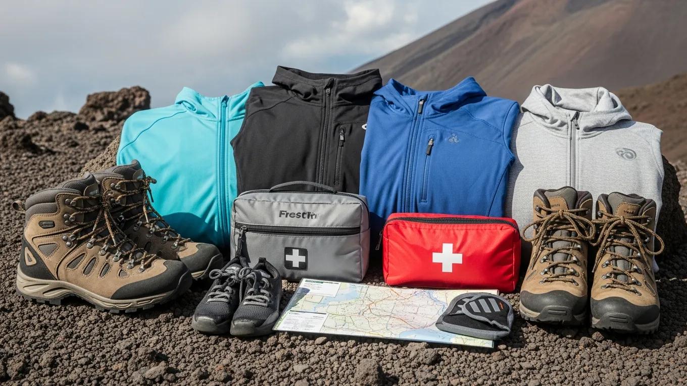 Essential volcano climbing gear including boots, clothing layers, and safety equipment