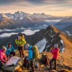 Stunning panoramic view of the Alps with hikers preparing for an expedition