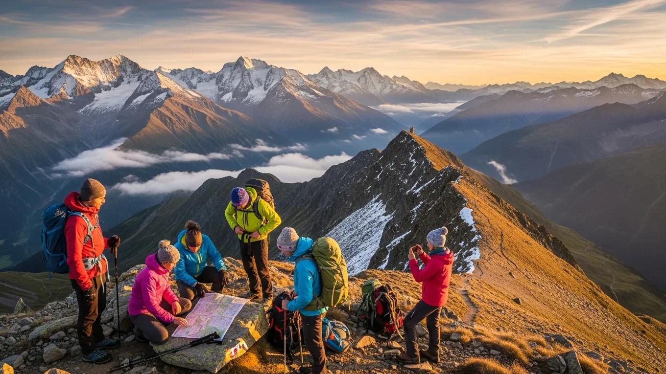 Stunning panoramic view of the Alps with hikers preparing for an expedition