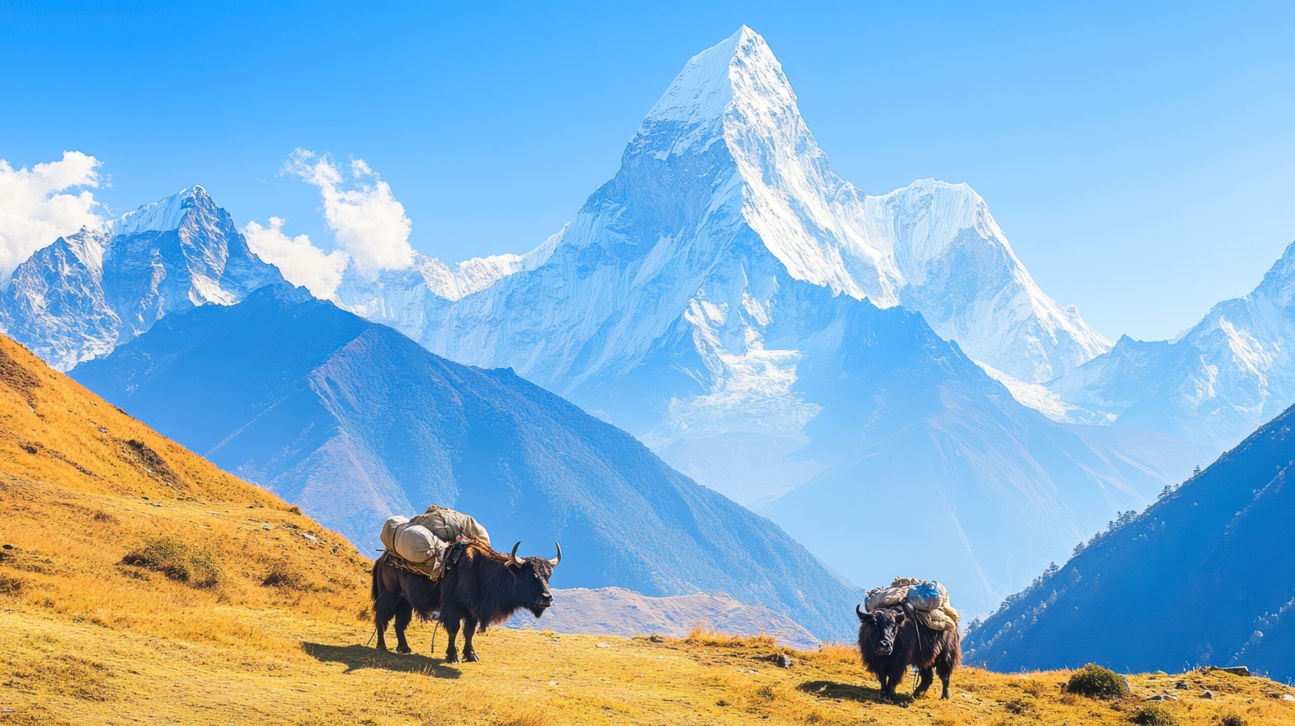 Ama Dablam, the Matterhorn of the Himalayas, its pyramidal summit and hanging glacier rising above the Khumbu Valley