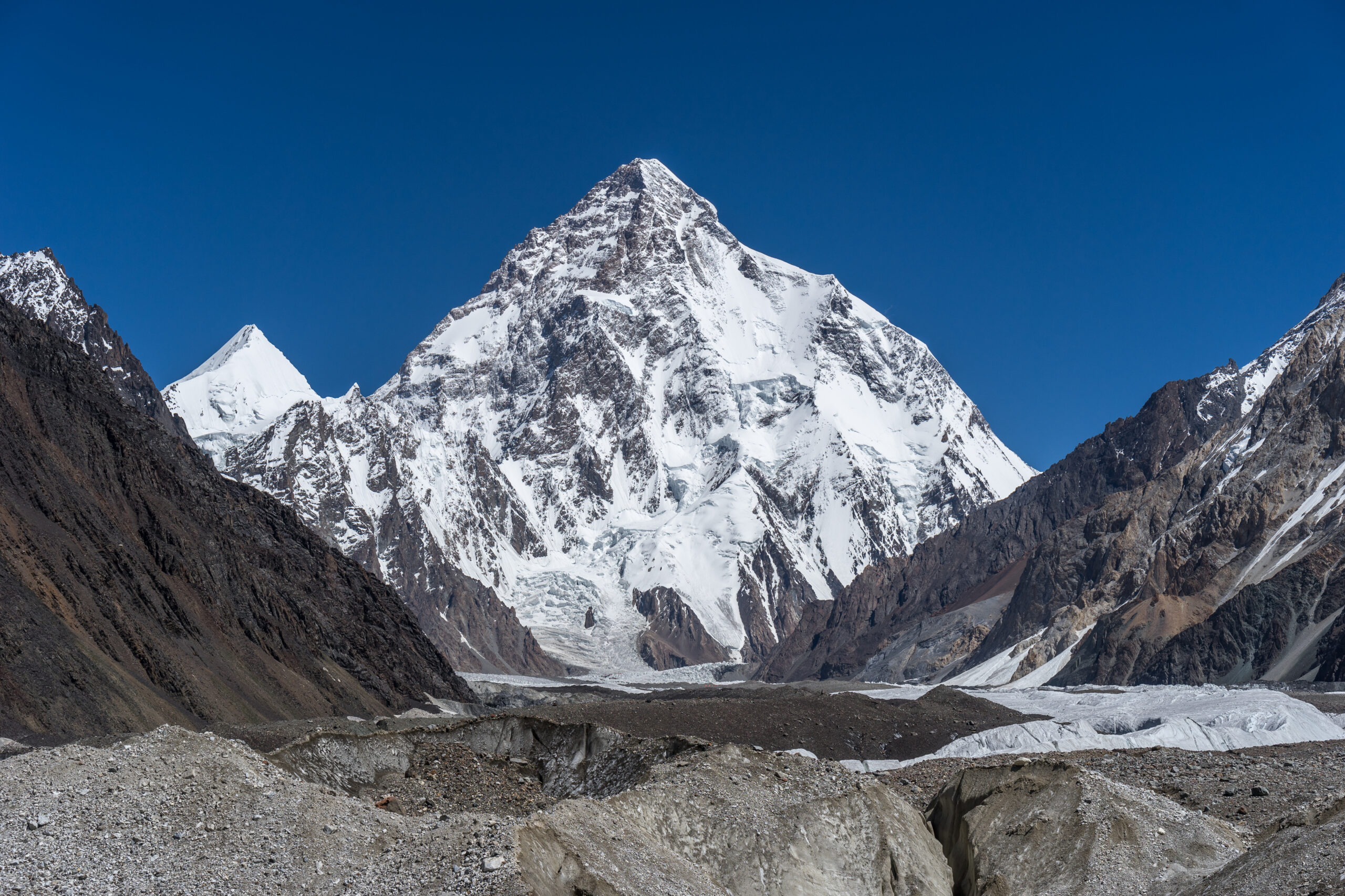 K2 viewed from Concordia with Angel Peak and the Baltoro Glacier approach in Pakistan