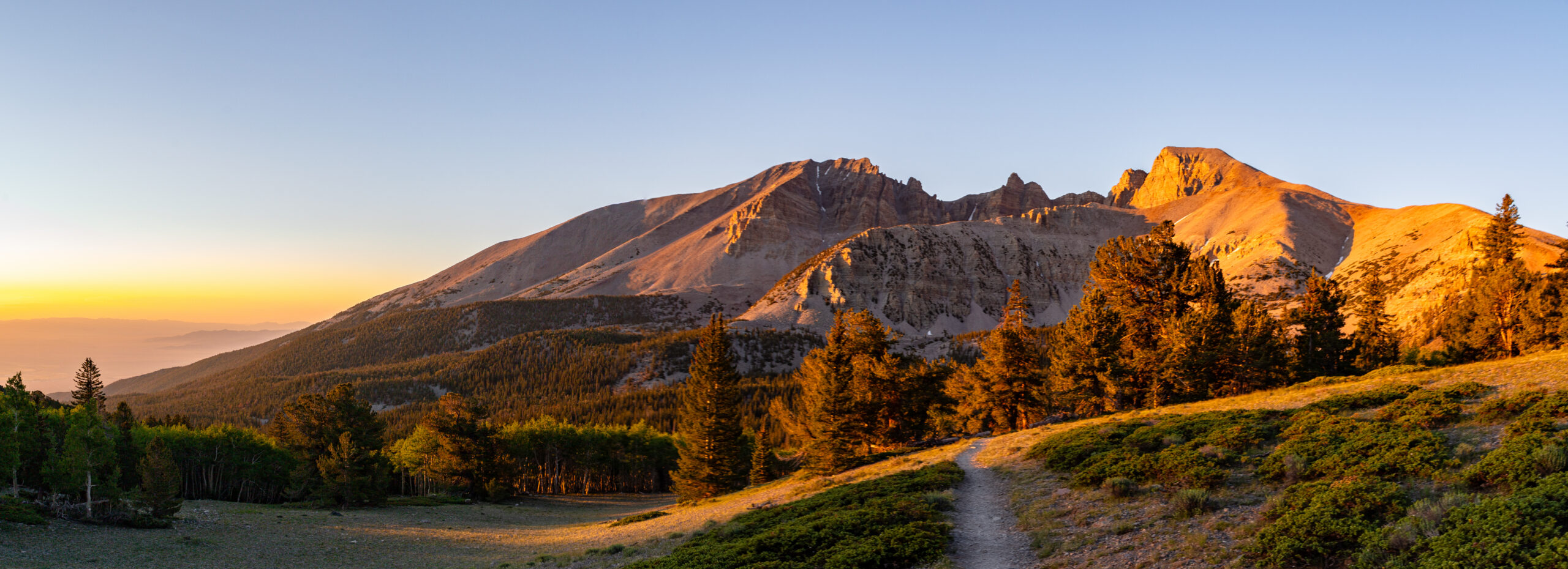 Sangre de Cristo Mountains landscape with Wheeler Peak and Truchas Peaks at sunrise, Pecos Wilderness hiking trail