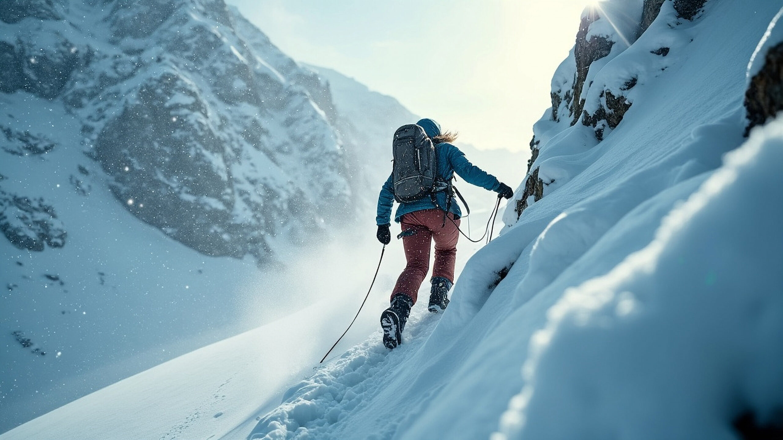 A roped team of climbers moving in a line across a snowfield in poor visibility