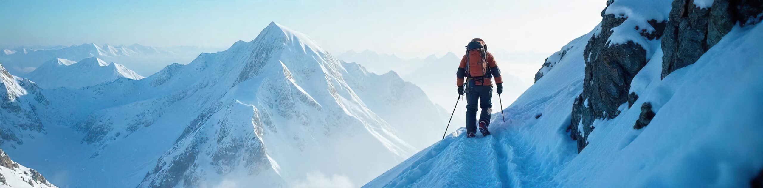A climber moving through a whiteout on a snow slope with almost no visibility