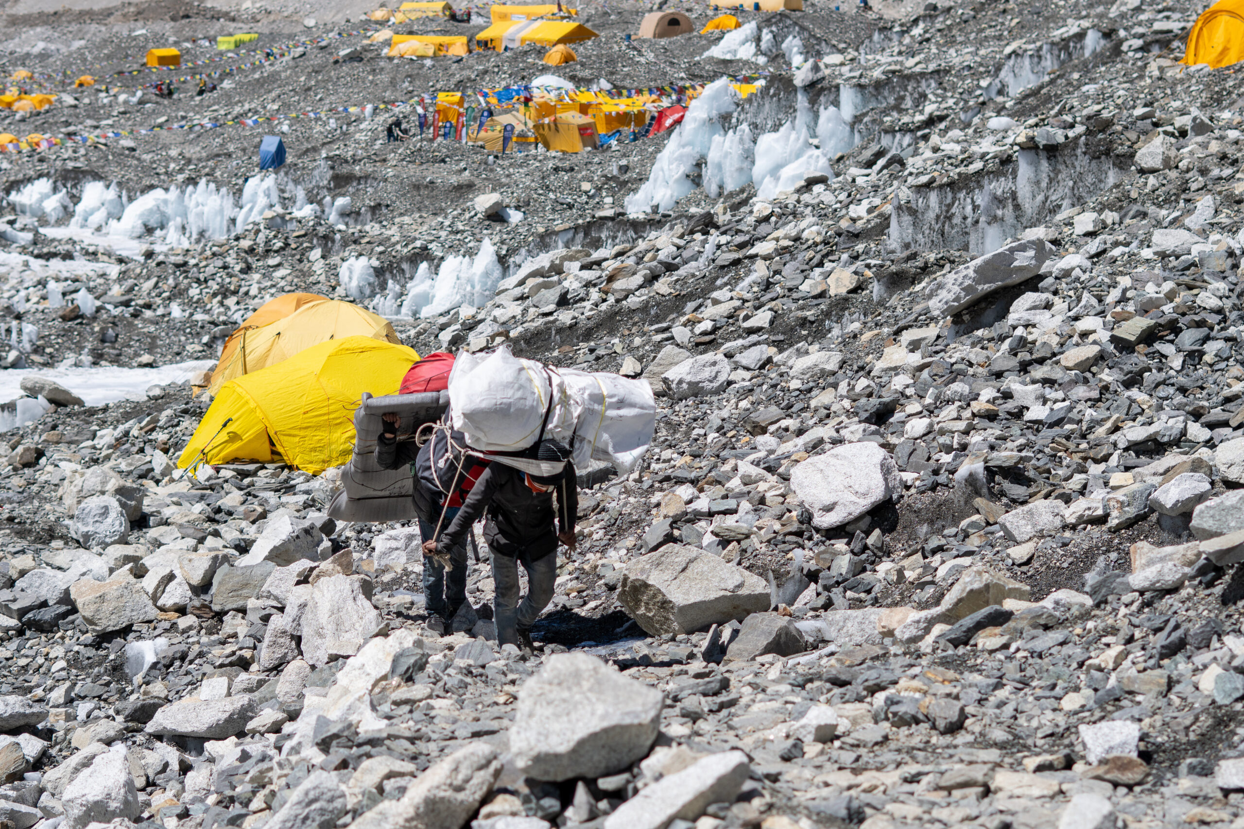 High-altitude expedition work on Everest - the load carrying, icefall crossings, and fixed-rope work that fall largely to Sherpa teams