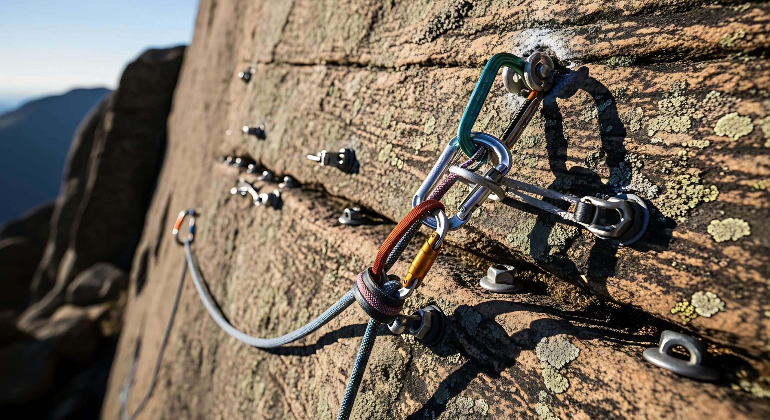 Rappel anchor station with slings and locking carabiners at the top of a cliff