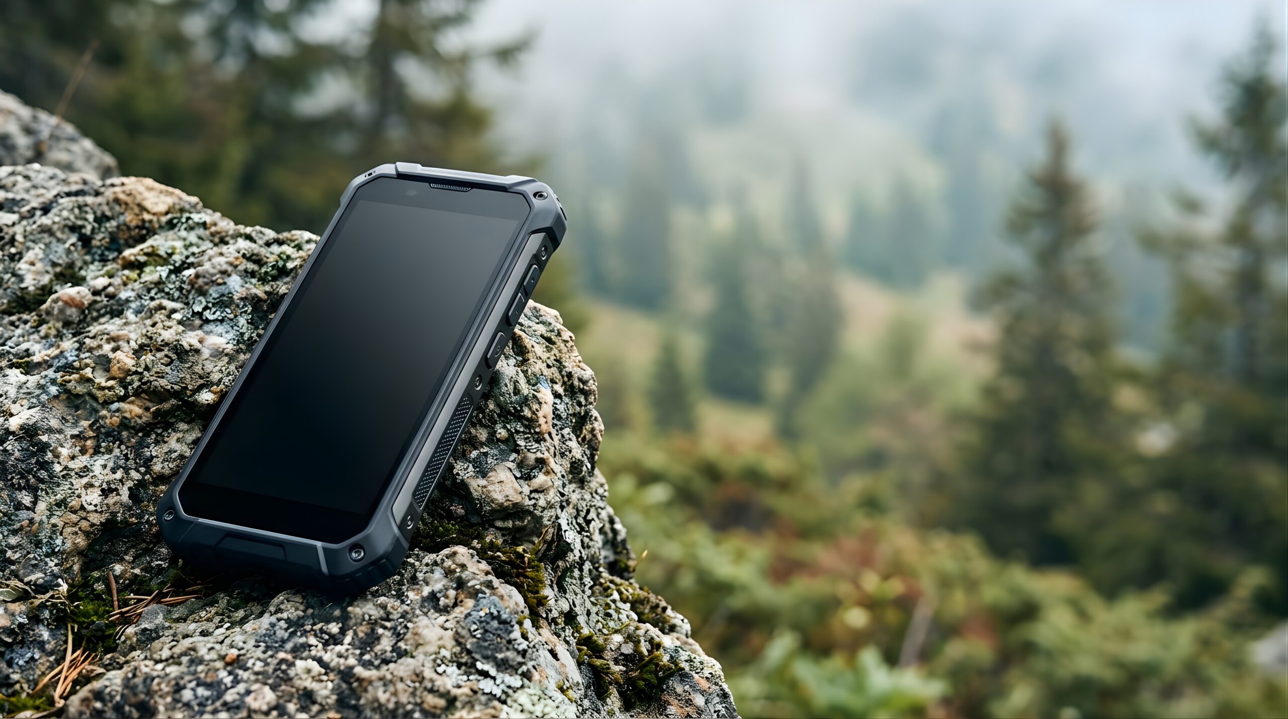 A climber checking a small satellite messenger device against a backdrop of remote snowy peaks