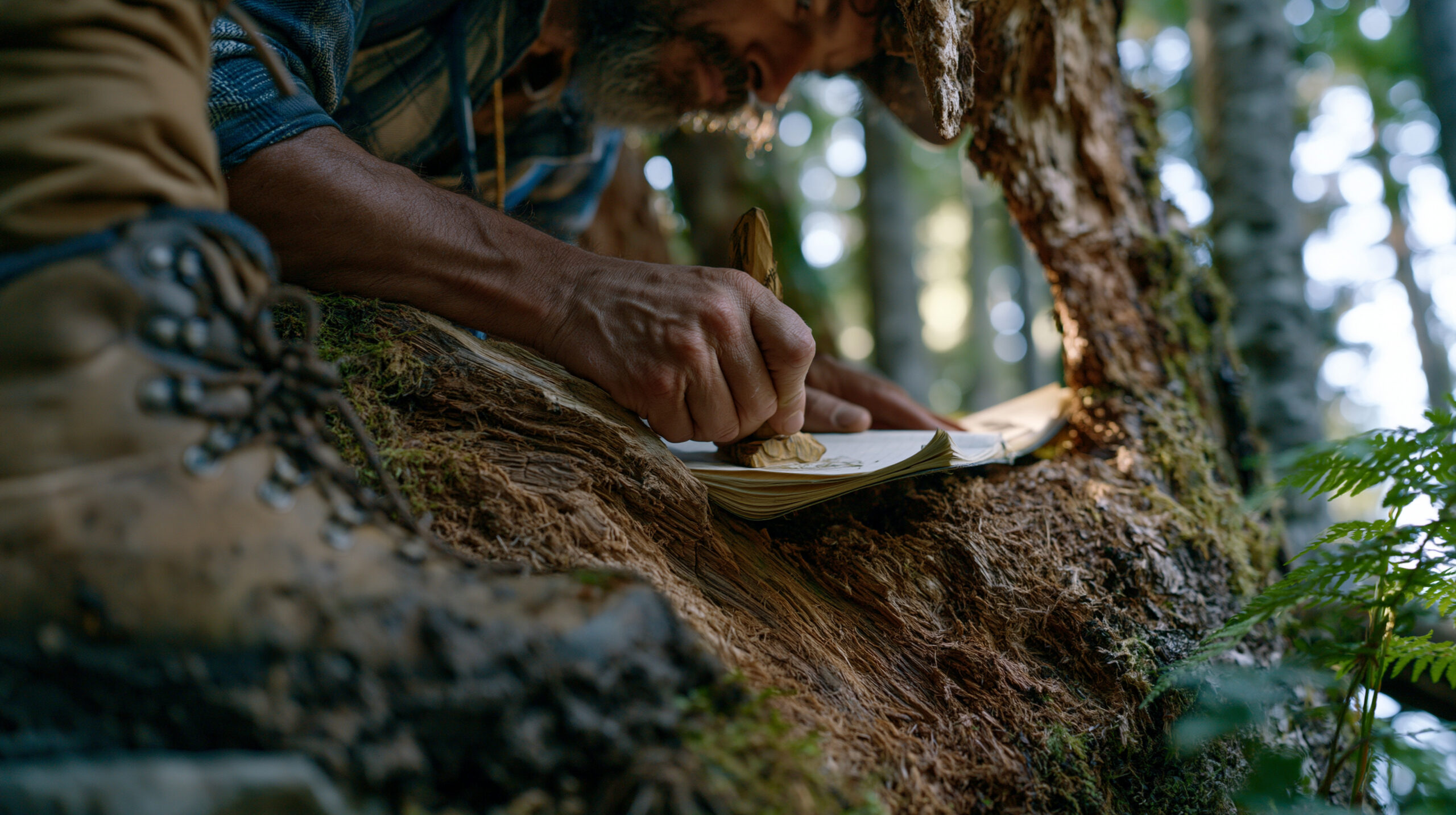 A person filling out a written trip itinerary and route plan at a table with a map