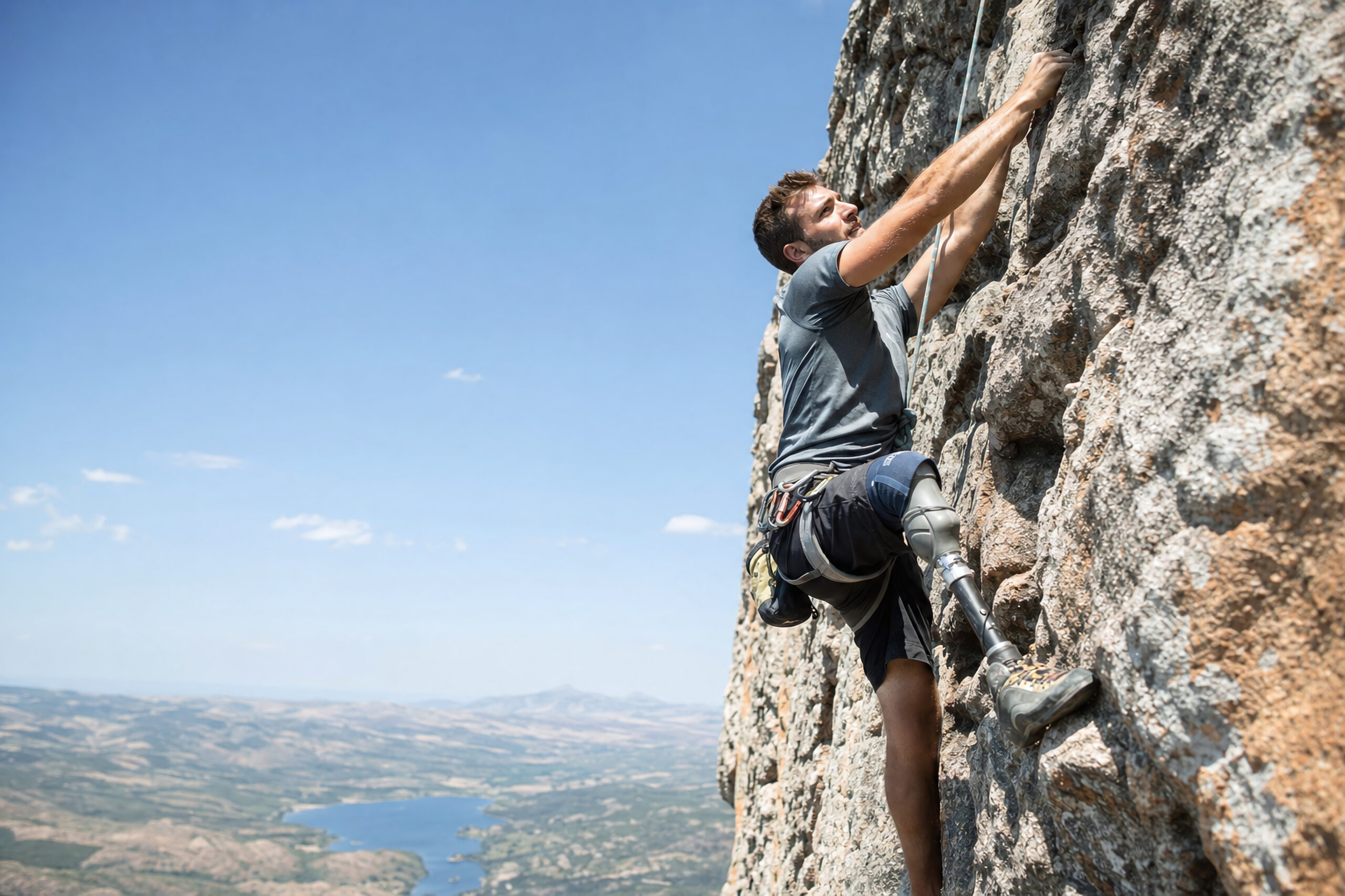 An adaptive athlete out on a mountain trail