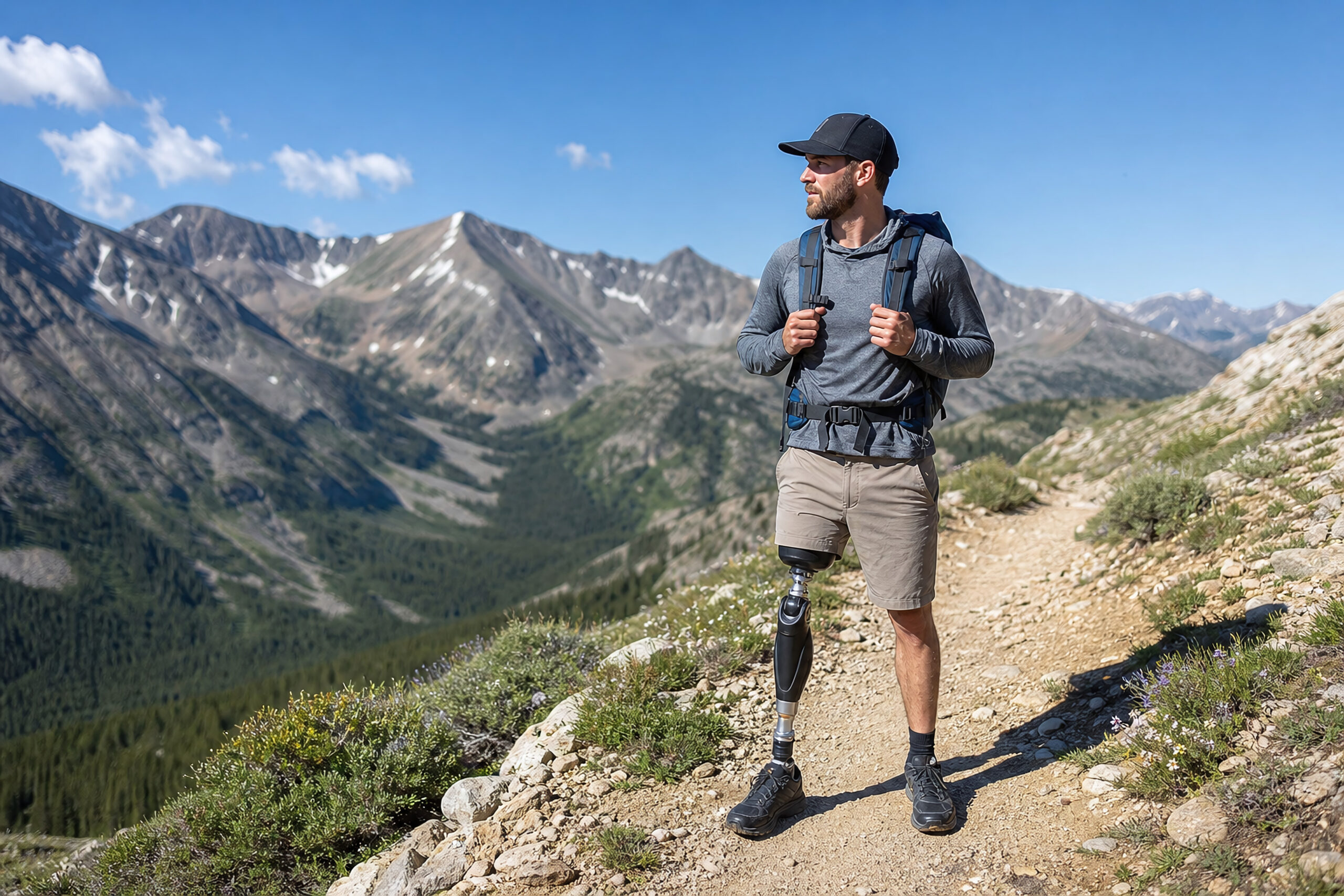An adaptive hiker with equipment on a mountain trail