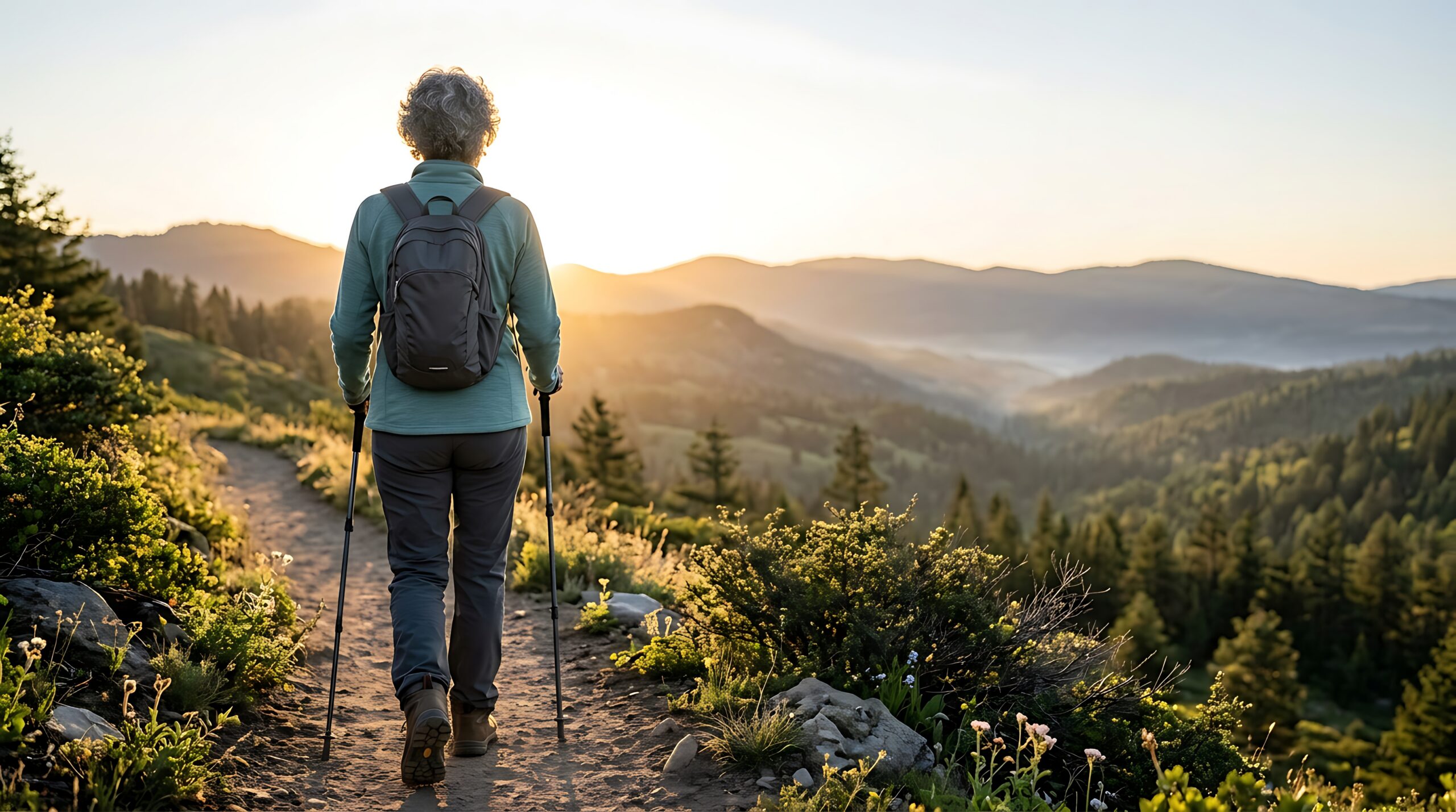 A hiker on a long mountain trail carrying a pack toward high peaks