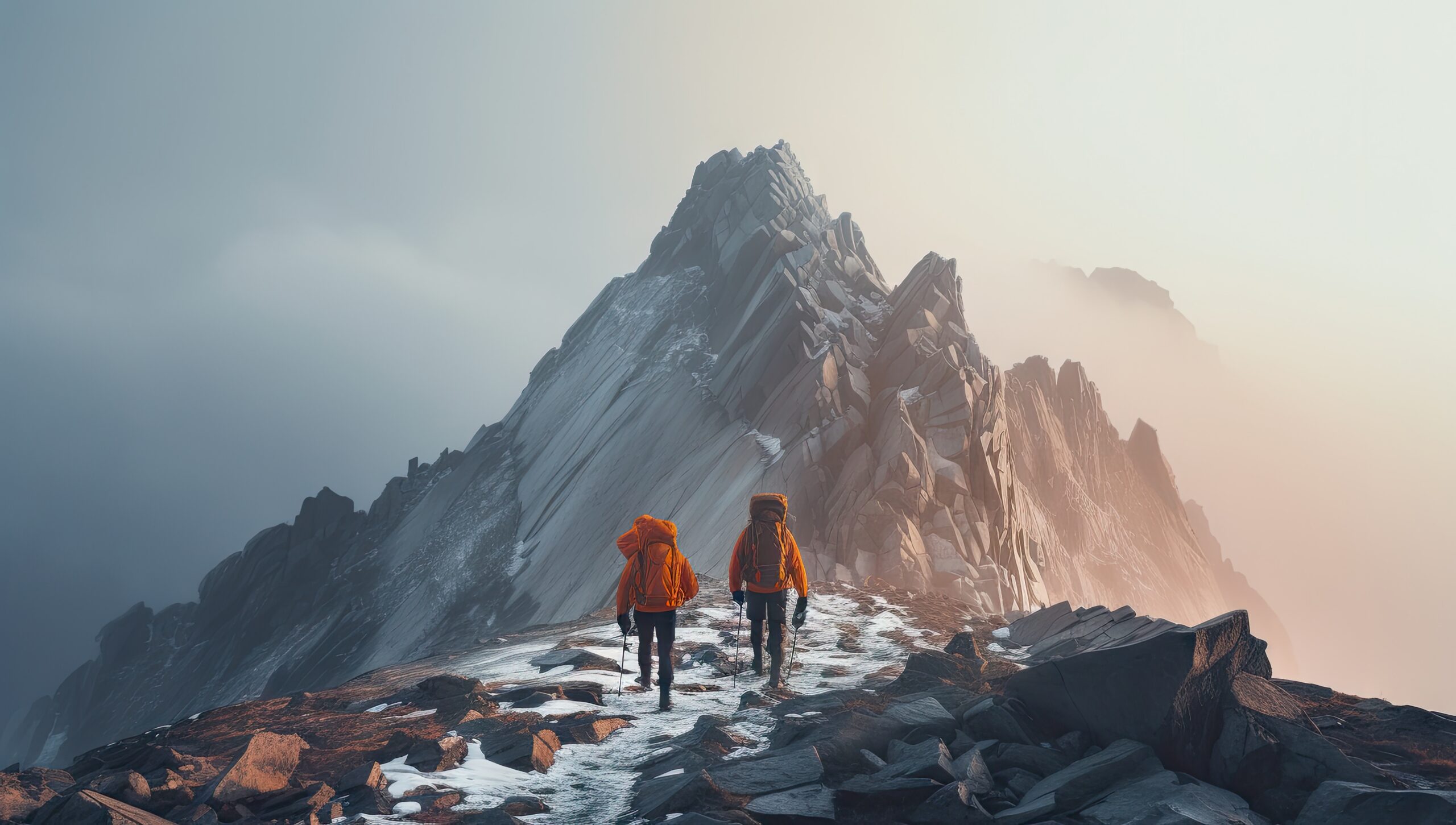 A small team of climbers pausing to discuss the route on an exposed mountain ridge