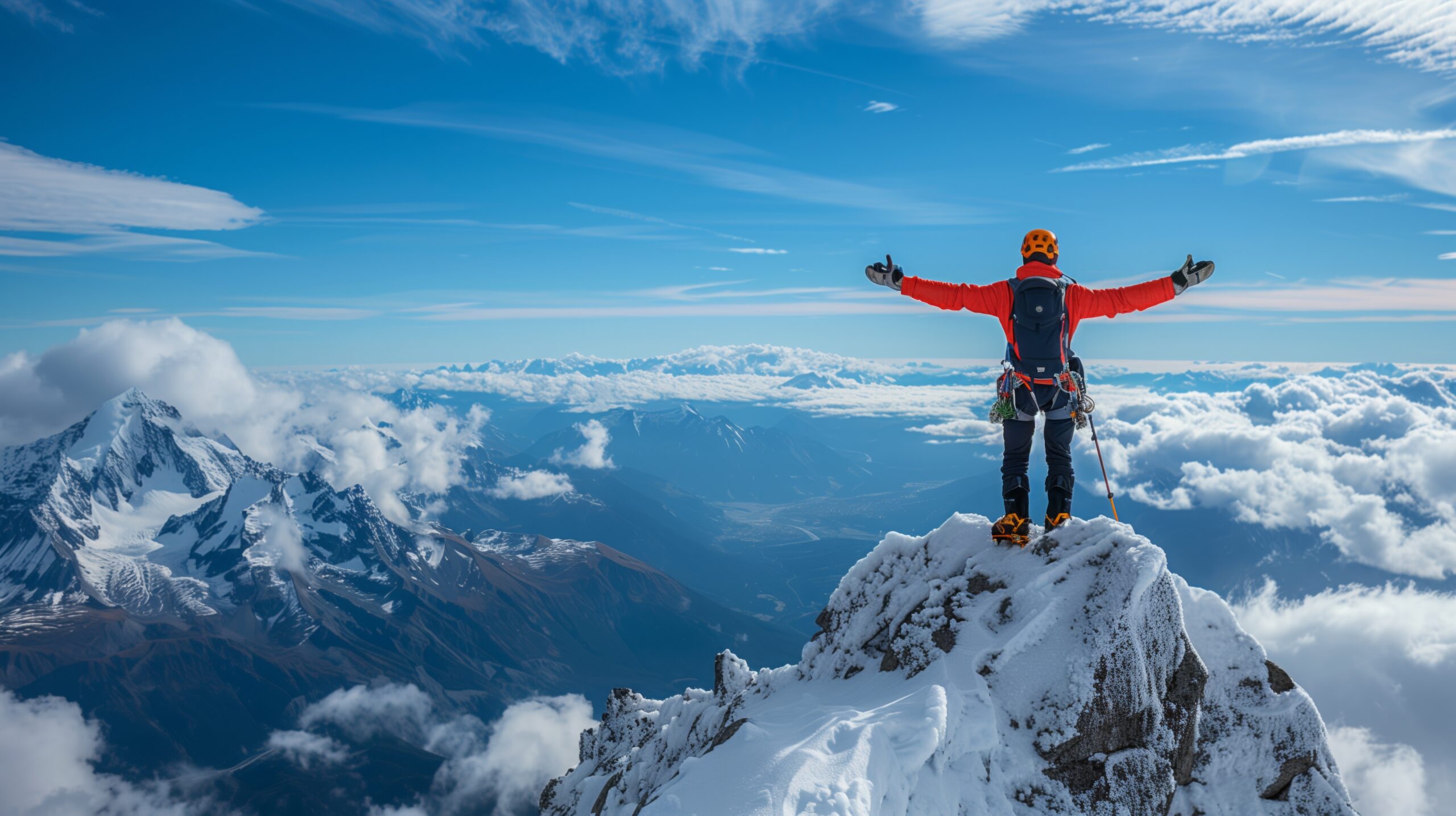 A lone climber standing near a high mountain summit as cloud builds behind the ridge